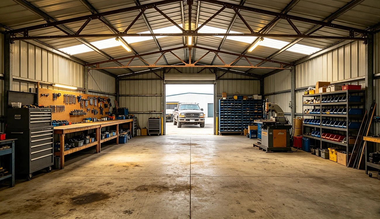 Steel structure light industrial unit interior workshop - workbenches, clear span steel frame, skylight natural lighting, small factory Steel structure light industrial unit interior workshop - workbenches, clear span steel frame, skylight natural lighting, small factory