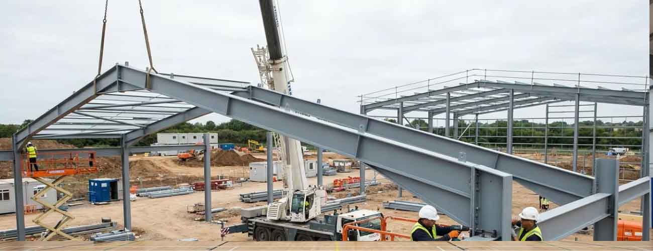 Crane lifting pre-welded steel rafter during prefab sports hall erection